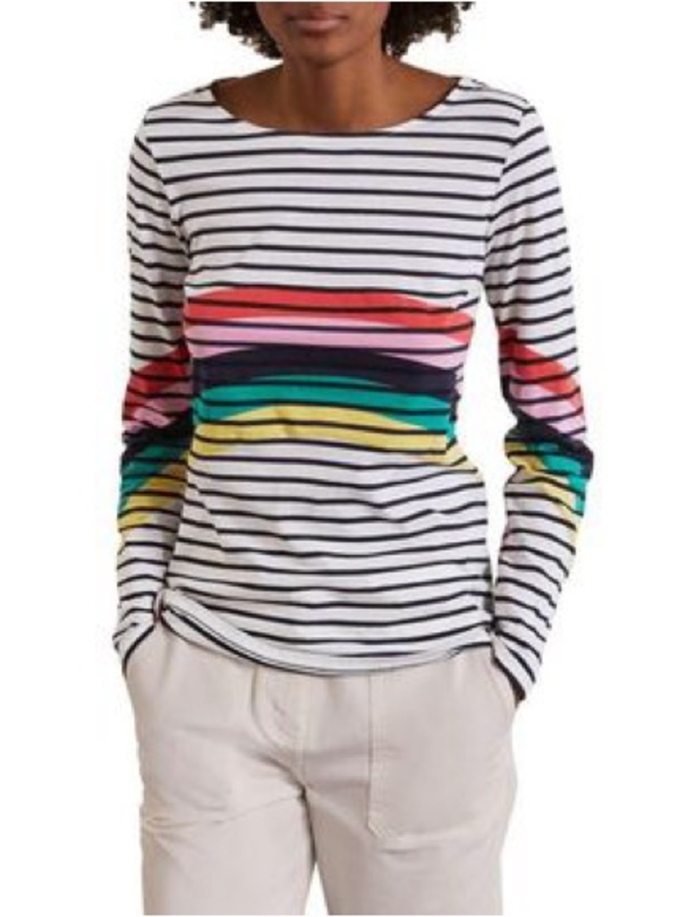 Boden Long-Sleeve Boatneck Breton Striped Top with Rainbow Accent 🌈